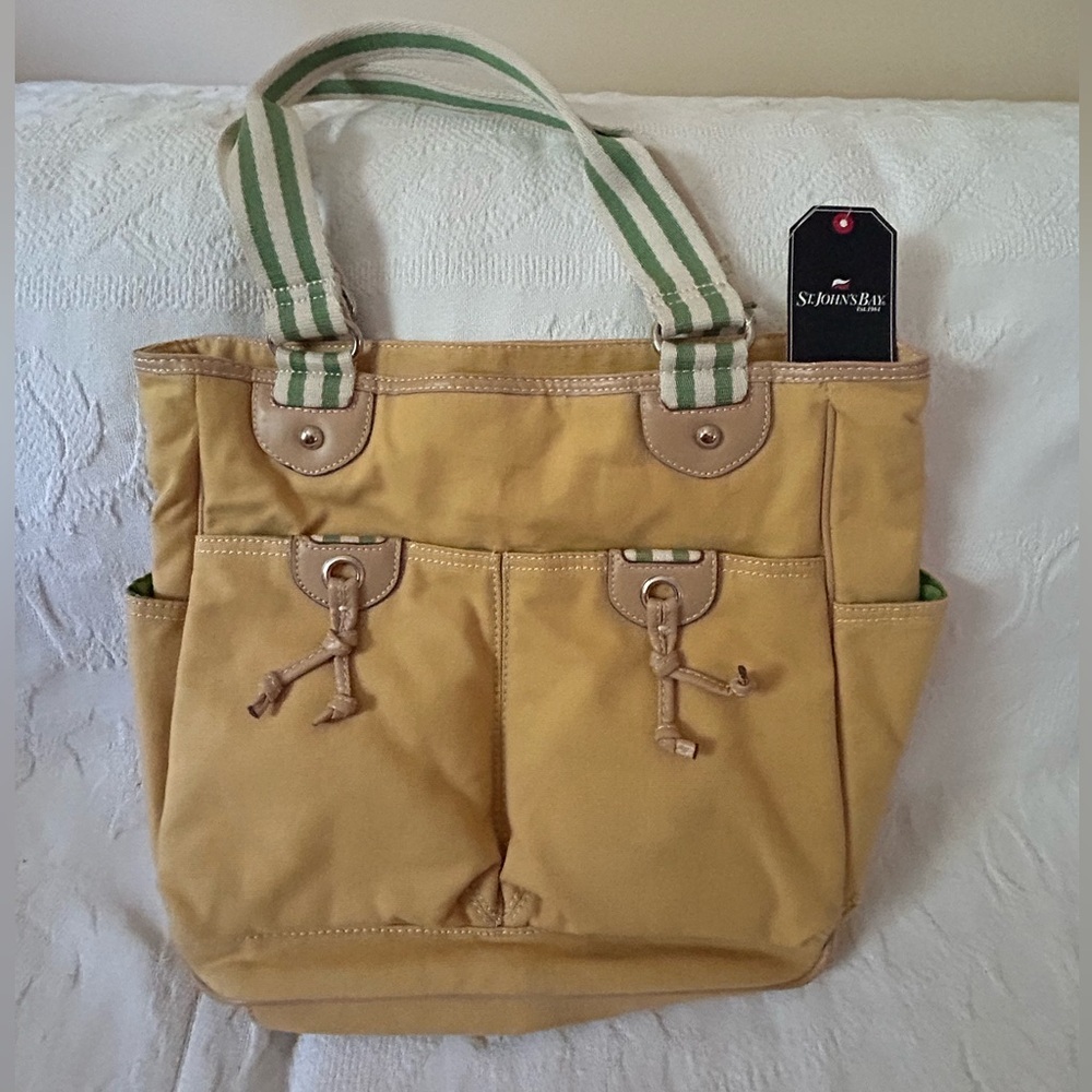 NWT: St John's Bay Yellow Canvas Tote Bag with Green Stripe Handles